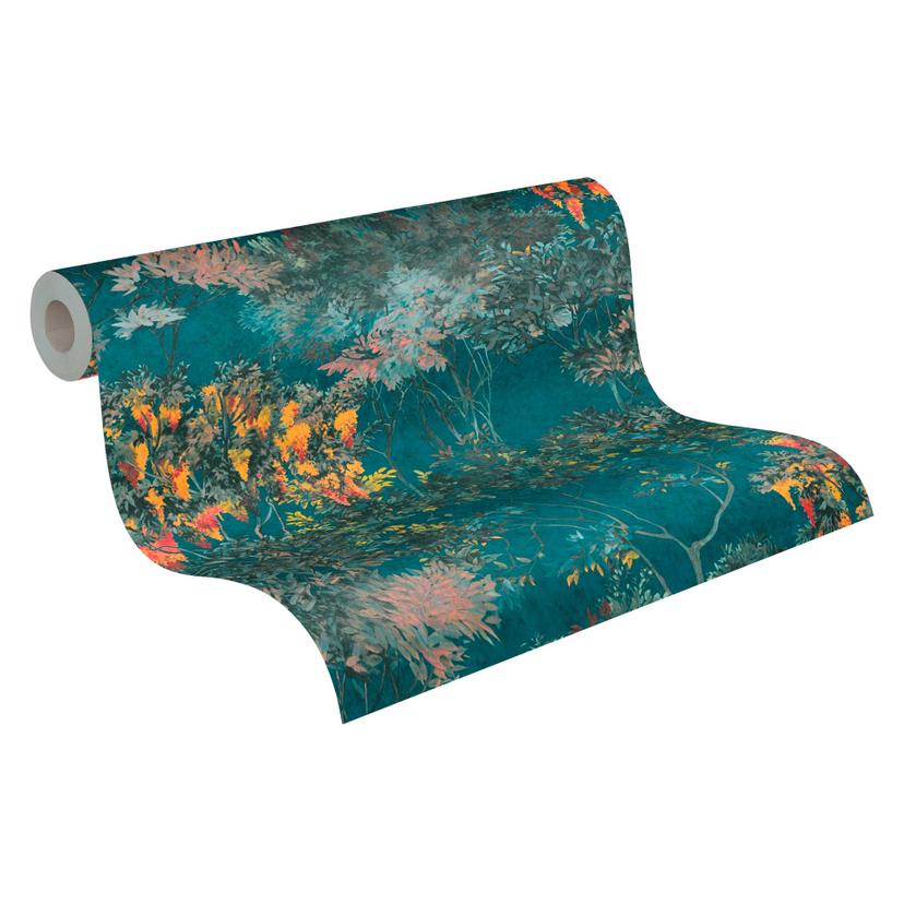 Papel pintado tejido-no tejido floral con árboles negro azul oscuro - papel pintado con aspecto de a