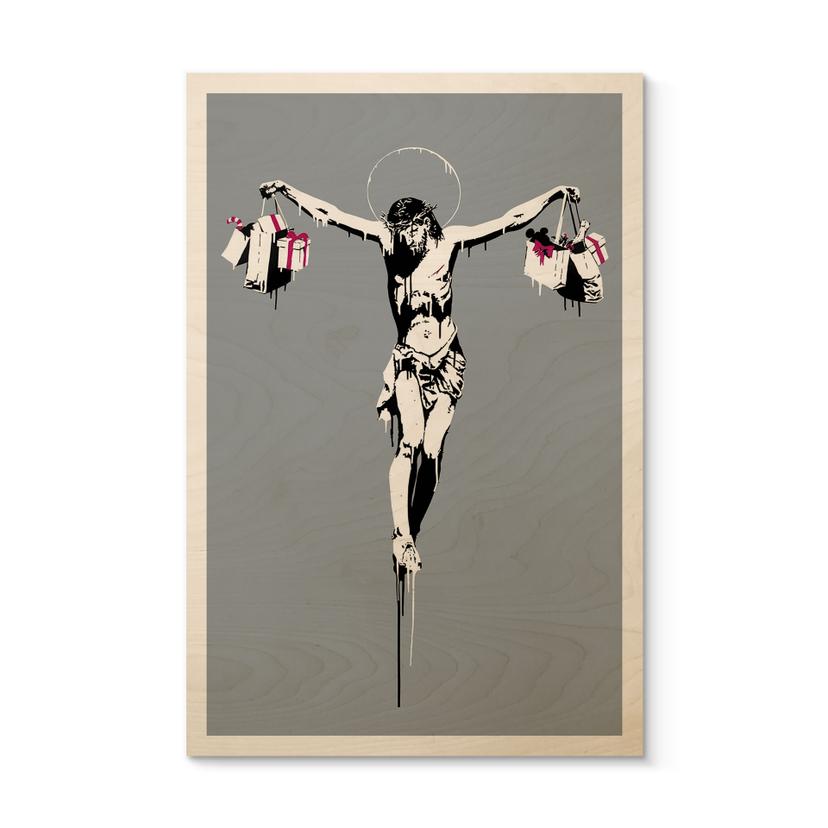 Banksy Billede af træ - Jesus Kristus med indkøbsposer