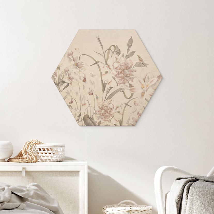 Quadro esagonale in legno Prato floreale in rosa chiaro - Bloomery Decor