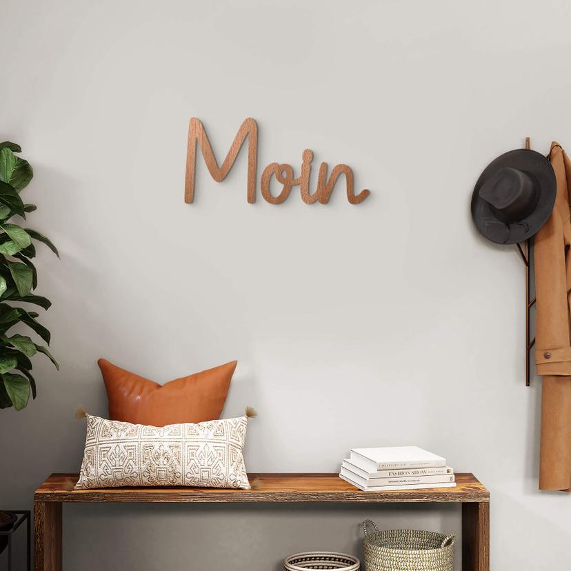 3D Holz Schriftzug Moin - norddeutscher Gruß - Mahagoni