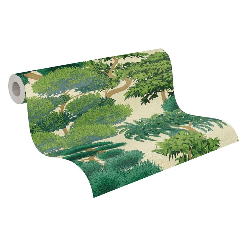 Papel pintado no tejido arboles naturaleza verde crema papel pintado bosque hojas paisaje