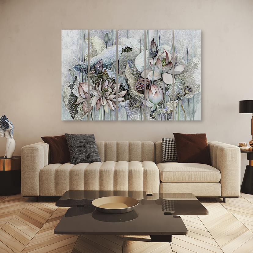 Stampa su tela 5 pezzi, fiori di loto