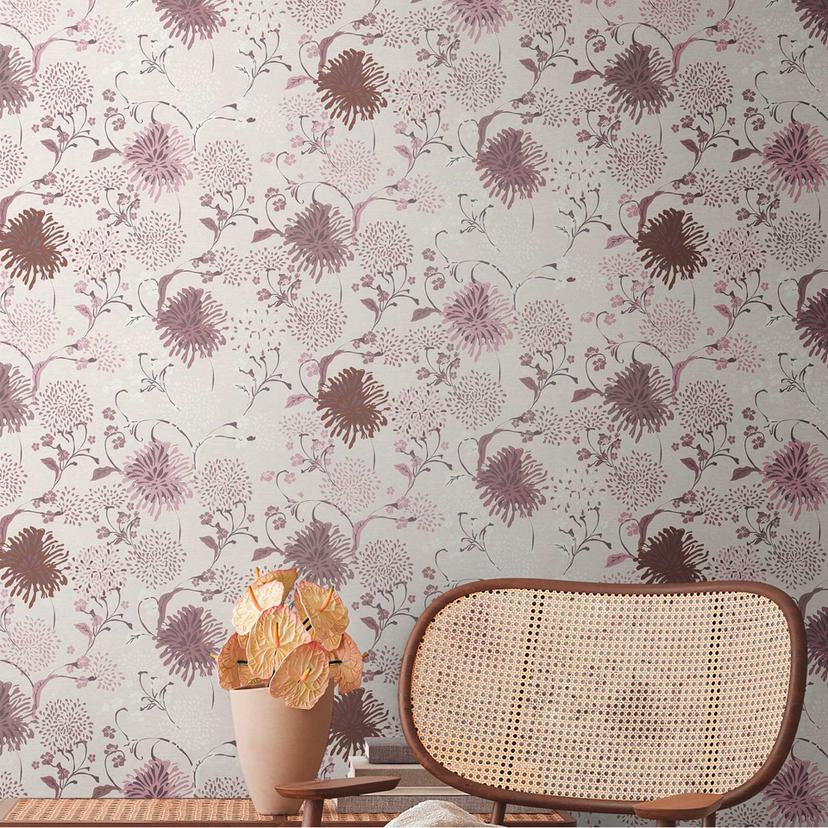 blomstertapet abstrakt hvid violet - blomstertapet - naturligt stuetapet