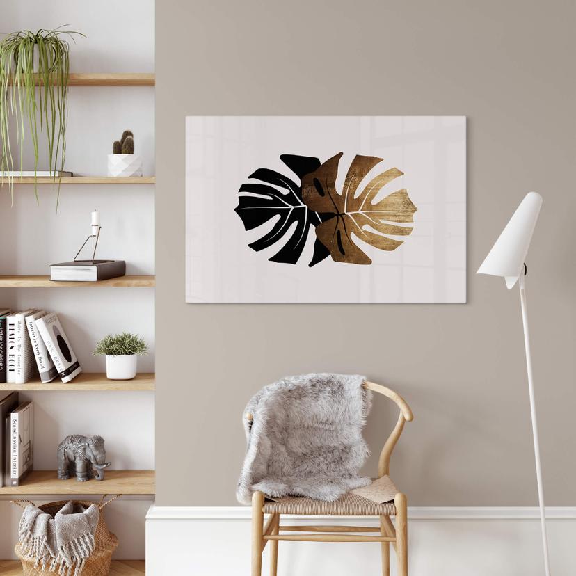Glasschilderij Kubistika - Black & Gold Monstera