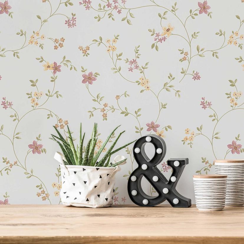 Selvklæbende tapet & møbelvinyl - landsted, blomster - pink, hvid - rulle 840x53 cm