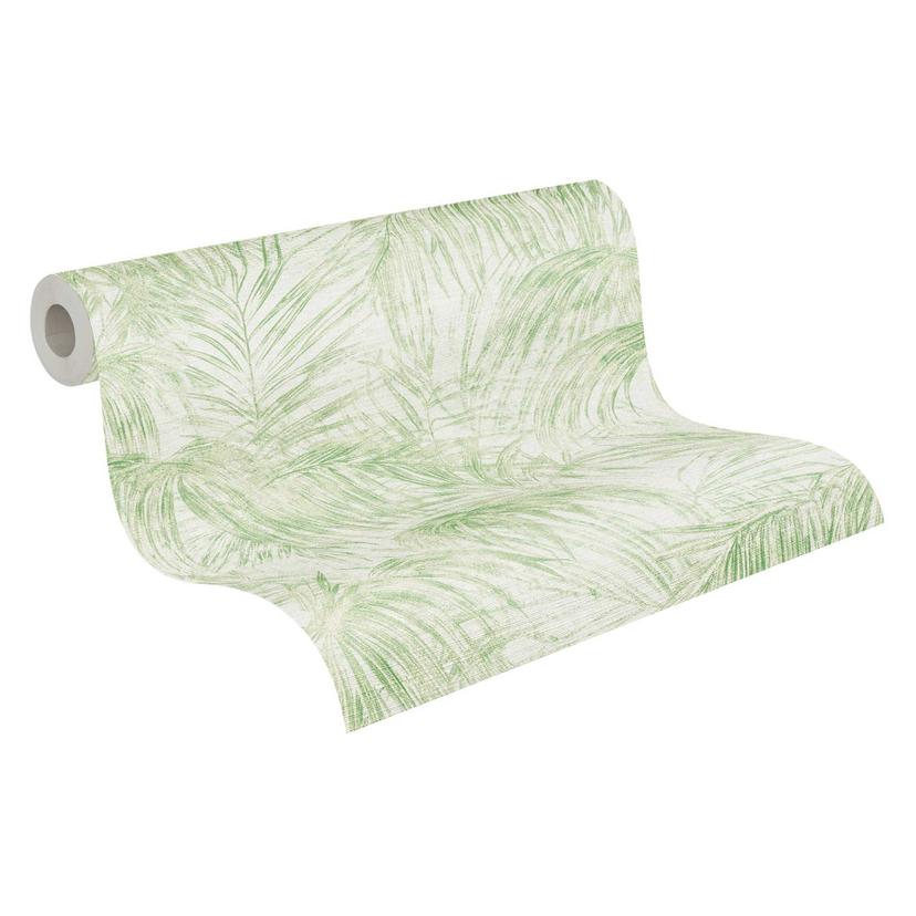 Papel pintado blanco y verde con palmeras - Papel no tejido con una Muestra tropical y aspecto suave