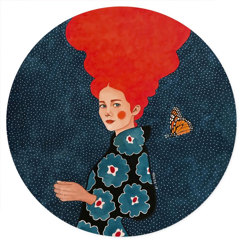 Adesivo murale Donna in abito floreale con farfalla - Hülya - Rotondo