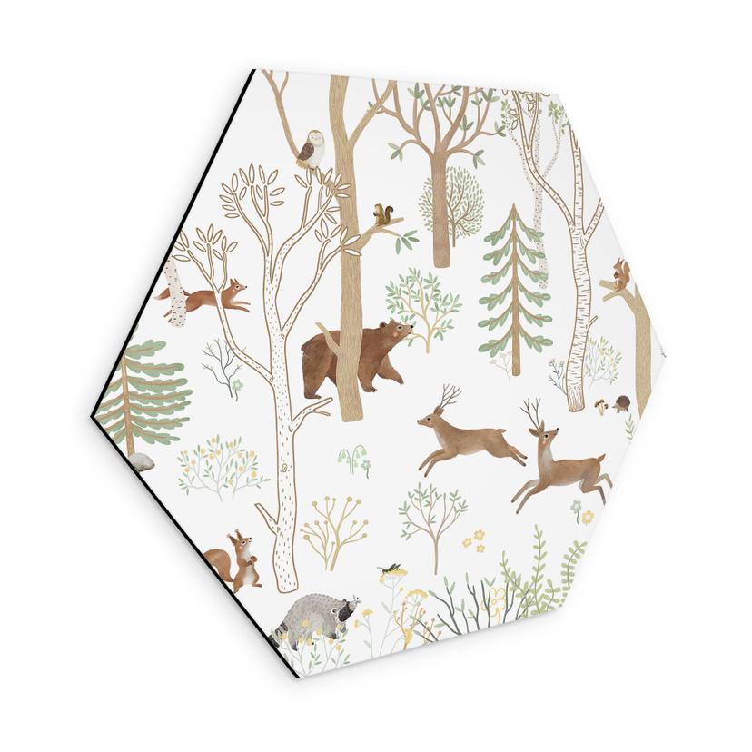 Hexagon Wanddecoratie Vrolijk Bosleven met Dieren - Oliver Robins - Alu-Dibond