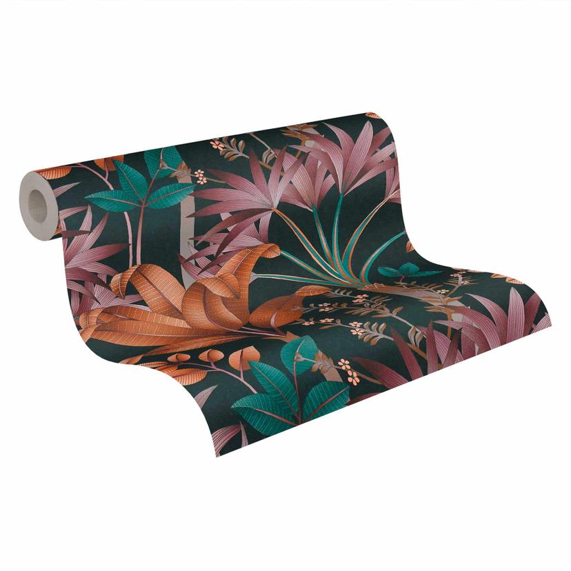 Papel pintado selva en estilo gráfico negro colorido - papel pintado no tejido hojas de palmera