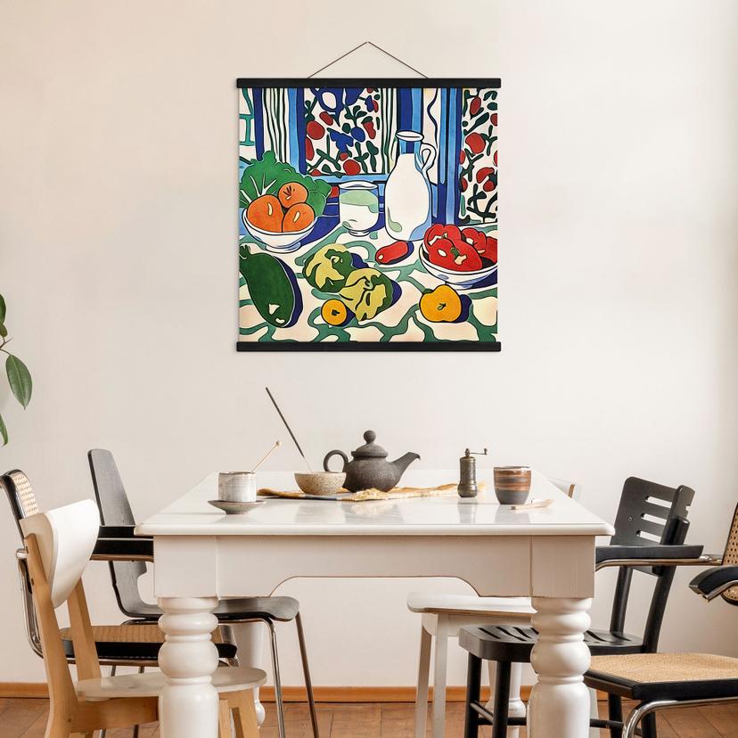 Poster tessile Frutta e verdura sul tavolo della cucina - Ispirato a Matisse - Zamart