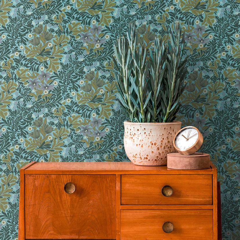 Papier peint à motifs floral Vert Bleu - papier peint avec fleurs et feuilles