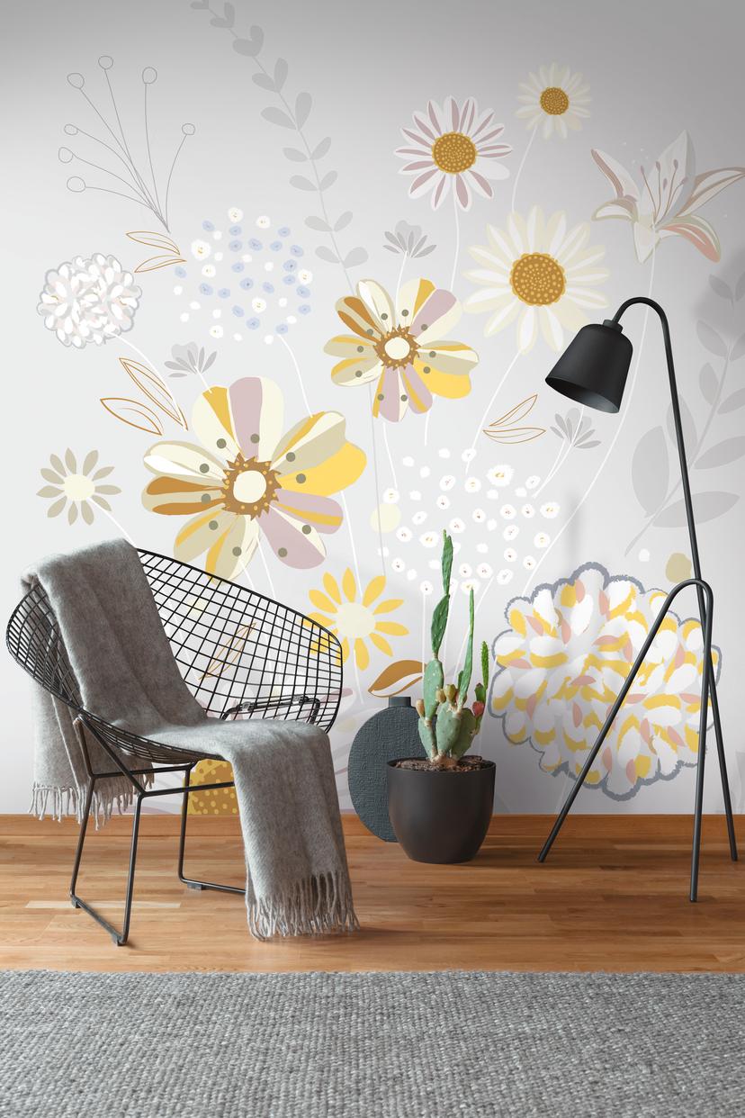 blomstertapet grå gul - non-woven tapet Floral Livingwalls - mat og glat