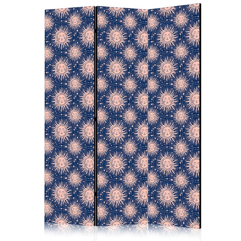 Paravent, Raumteiler freistehend, Trennwand - Sunny Patterns - Repeating Sun Motif on a Navy Backgro