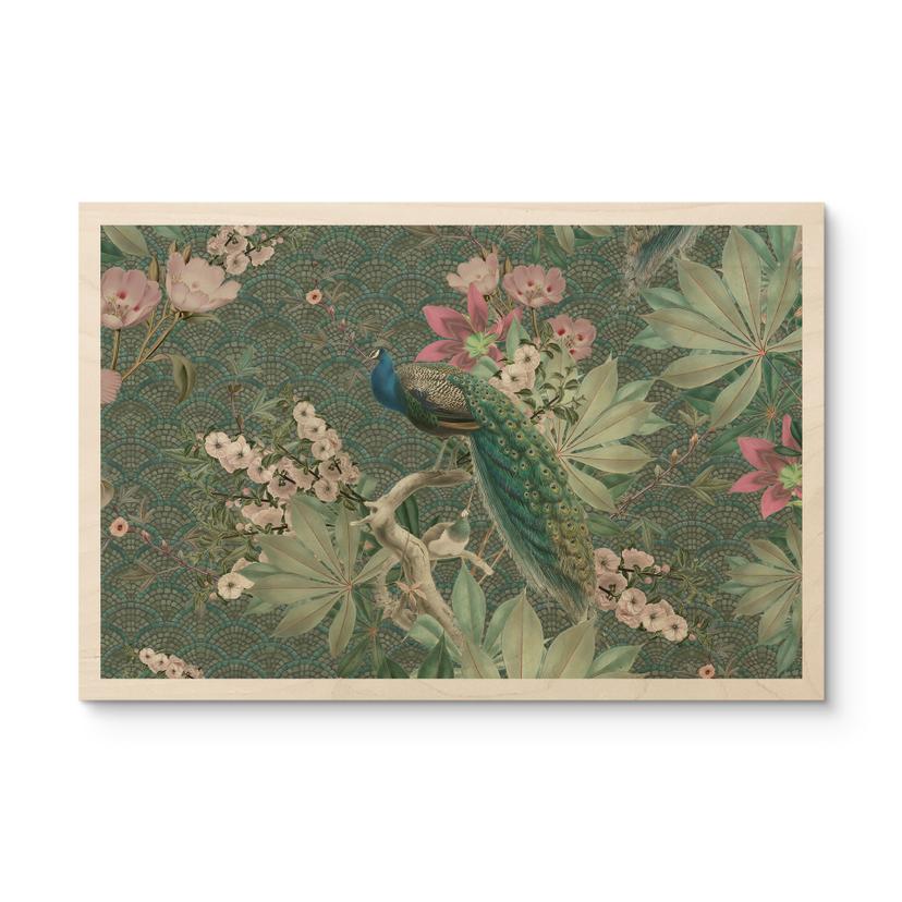 Cuadro de madera pavo real en jardín tropical sobre mosaico - Bloomery Decor