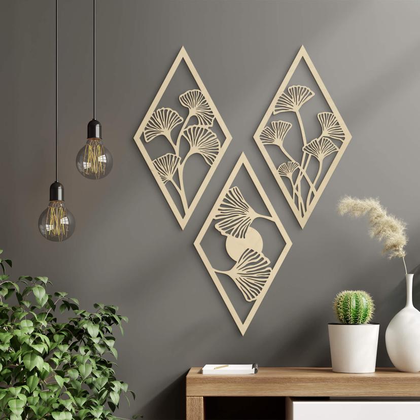 Decoración en madera conjunto hojas de ginkgo - forma de diamante - madera de álamo (3 piezas)