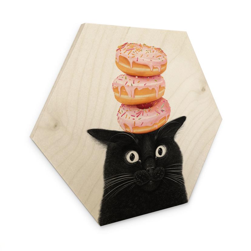 Hexagon Holzbild Schwarze Katze mit pinken Donuts - Korenkova