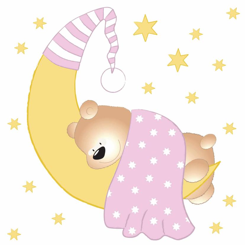 Sticker mural - Ourson, lune et étoiles  (rose)