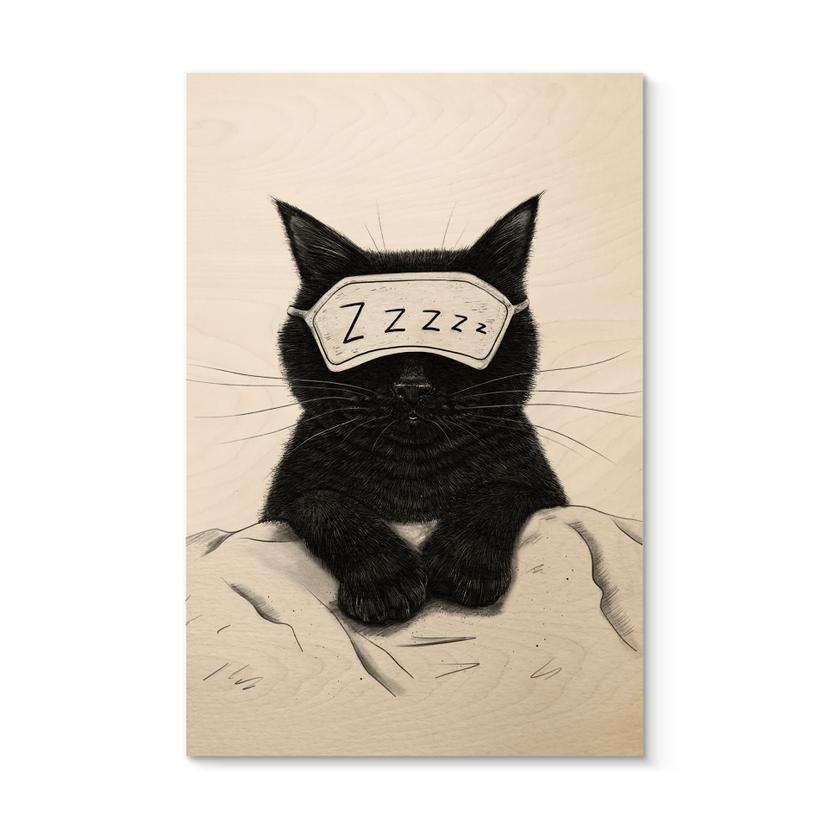 Holzbild Schwarze Katze mit Schlafmaske - Korenkova
