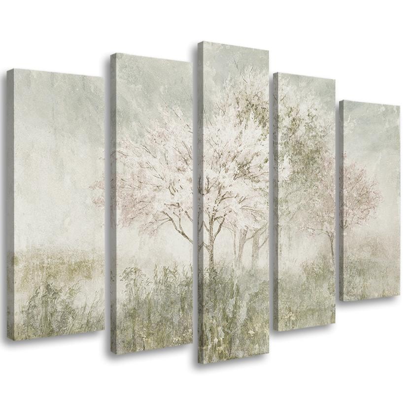 5 stykke lærredstryk, et blomstrende træ på engen