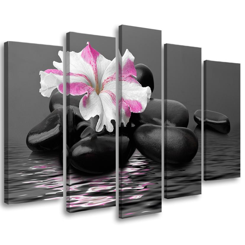 5 stykke lærredsprint Stones Pink Flower Zen