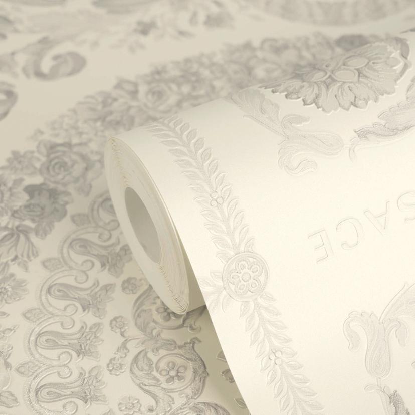 Versace Vliesbehang Heritage Baroque Medaillon Floral Wit Grijs luxueus elegant