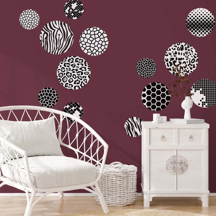 Sticker mural Cercles avec motifs, couleur noir et blanc (13 pièces)