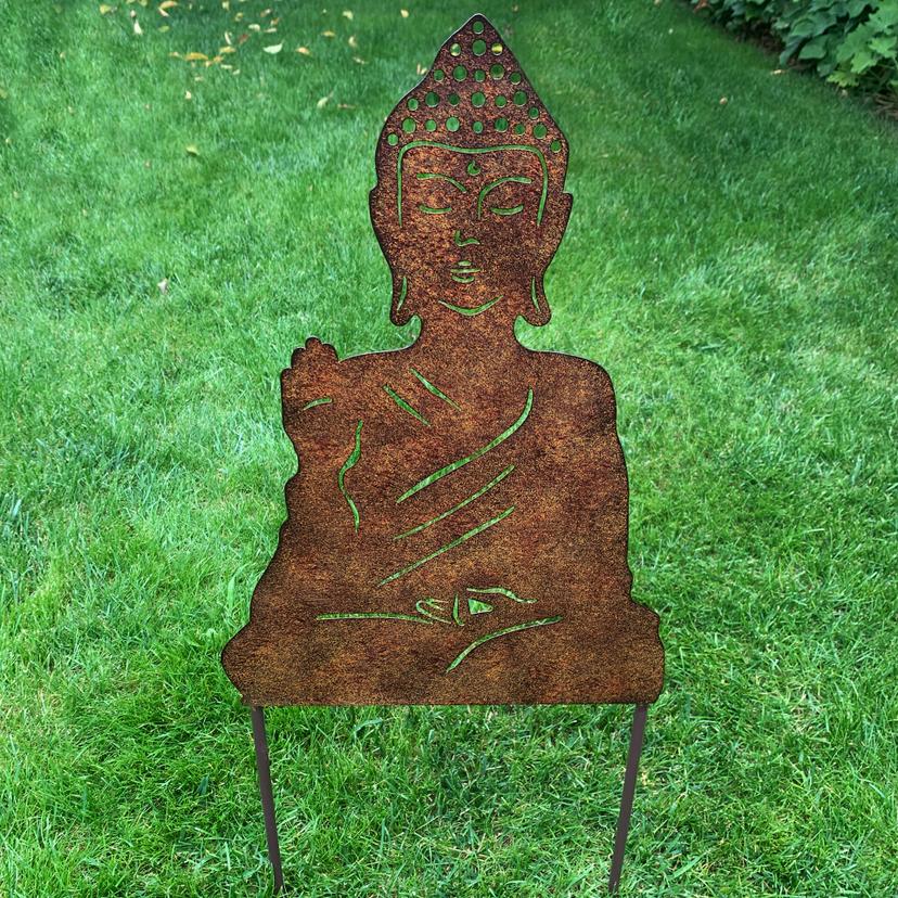 Buddha Gartenstecker Edelrost Optik Metallschild - 29x65x1 cm
