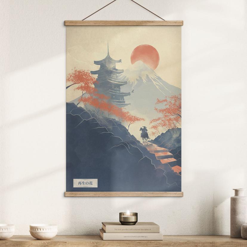 Póster de tela amanecer sobre la pagoda | Japón paisaje ilustración - Roze