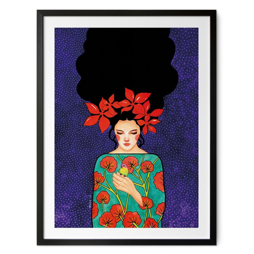 Póster Retrato - Mujer con corona de flores rojas y pájaro - Hülya