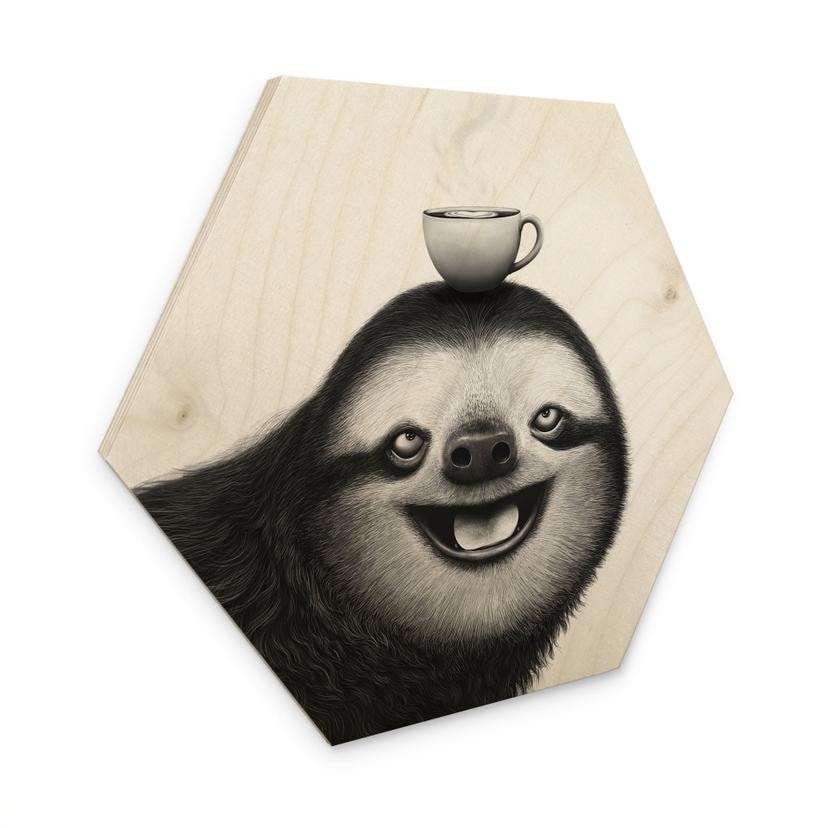 Tableau hexagonal sur bois Paresseux joyeux avec café - Korenkova