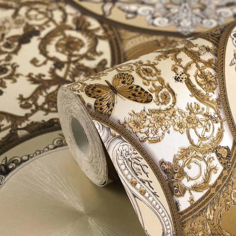 Versace Papel pintado no tejido Art De La Table Baroque Circles Medusa Meander Gold Cream