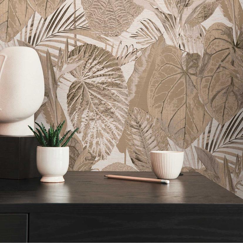 jungle tapet tone i tone beige - non-woven tapet blomstret med blade