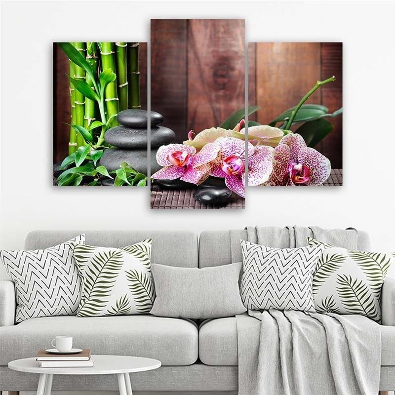Stampa su tela 3 pezzi, orchidee Bamboo Stones Zen