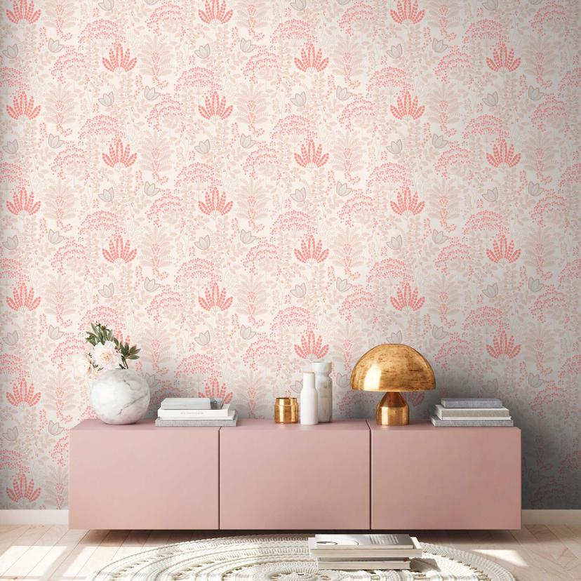 retro blomstertapet hvid beige - blomstret non-woven tapet med blade
