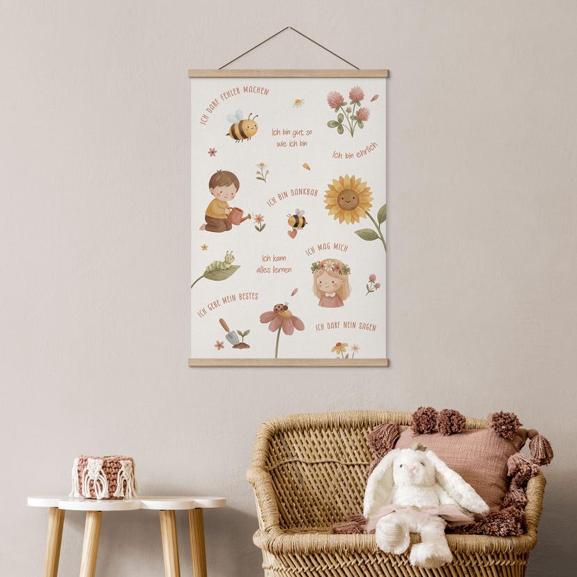 Stoffbild mit Affirmationen Blumen - Kraftsätze für Kinder