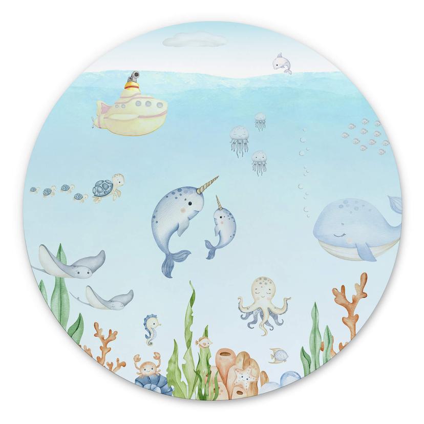 Vægcirkel Oliver Robins - Underwater Friends – print på aluminium (Alu-Dibond)