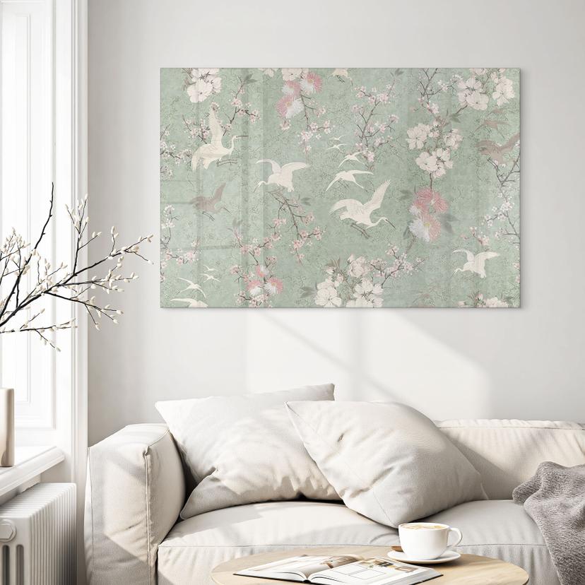 Stampa su acrilico in vetro con gru in fiore di ciliegio verde - Bloomery Decor