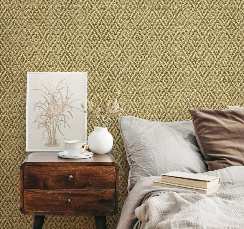 vliesbehang in 3D ruitpatroon vlechtwerk beige textiellook