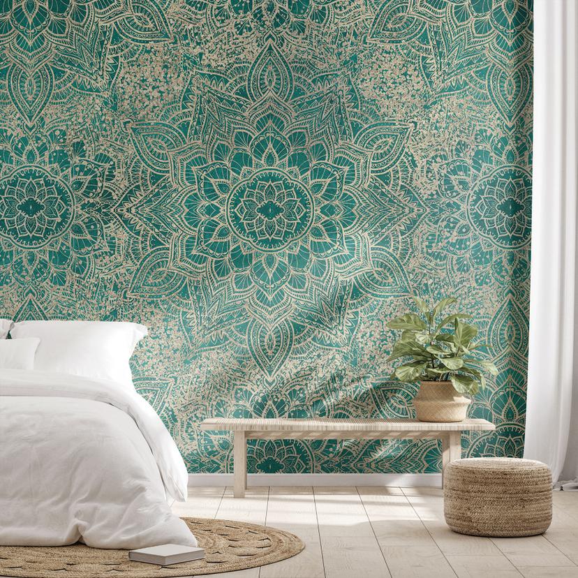 Ornamentos Mandala Boho Verde dorado Fotomurale - Bloomery Decor