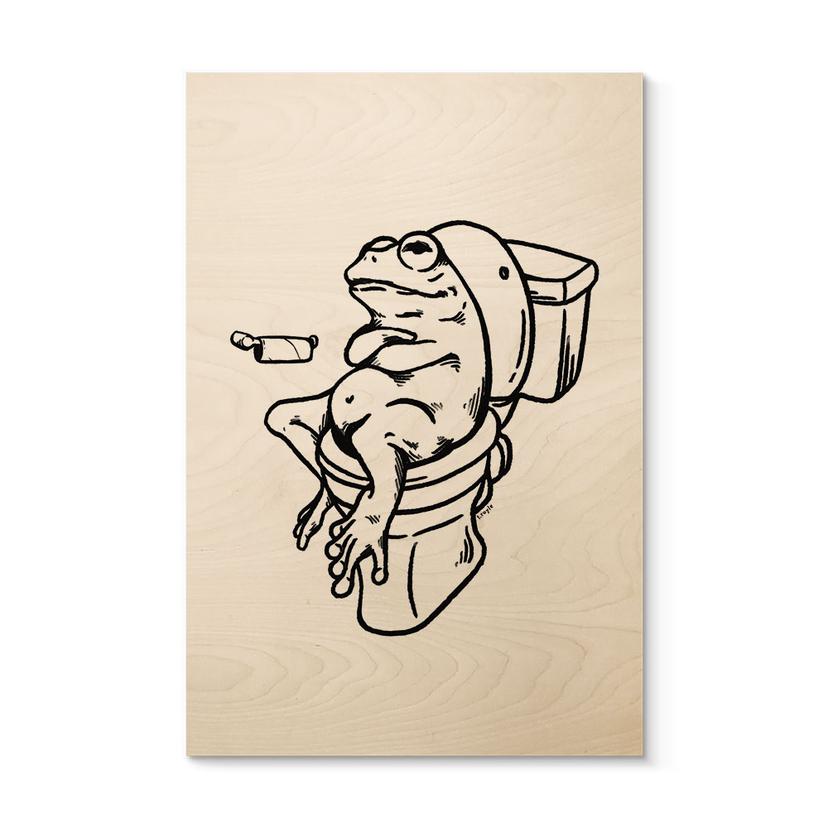 Træplakat Venter på toilettet - Humoristisk illustration af en frø - Royle