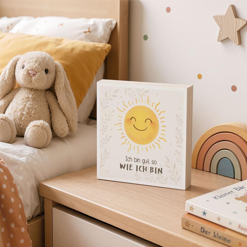 Holzbild zum Hinstellen - Sonne mit dem Glaubenssatz 'Ich bin gut so wie ich bin'