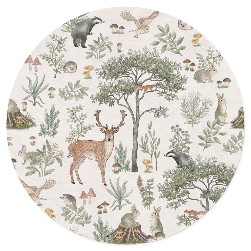 Vinilo decorativo bosque con animales - Crema vintage - Kikki Belle - Redondo