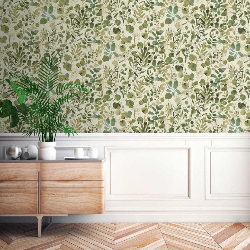 Papel pintado vegetal acuarela verde blanco - Papel no tejido con motivo de hojas - Papel pintado floral