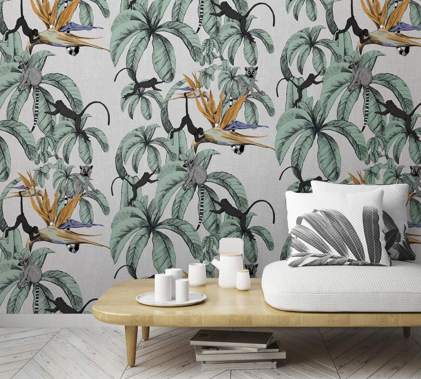 Fototapet med aber og planter, grå illustration 2.70 x 2.12 m