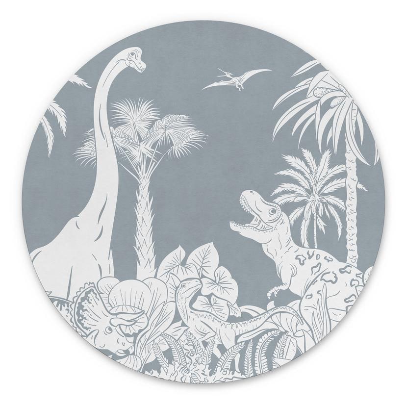 Rundt billede I dinosaurernes land - Blå - Kikki Belle – print på aluminium (Alu-Dibond)