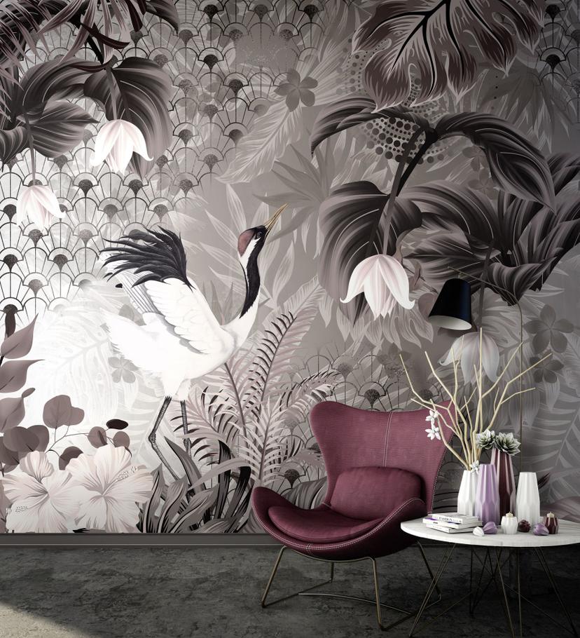 Carta da parati con motivi Art Déco Fotomurale con foglie in grigio e grigio 2,7 x 2,12 m
