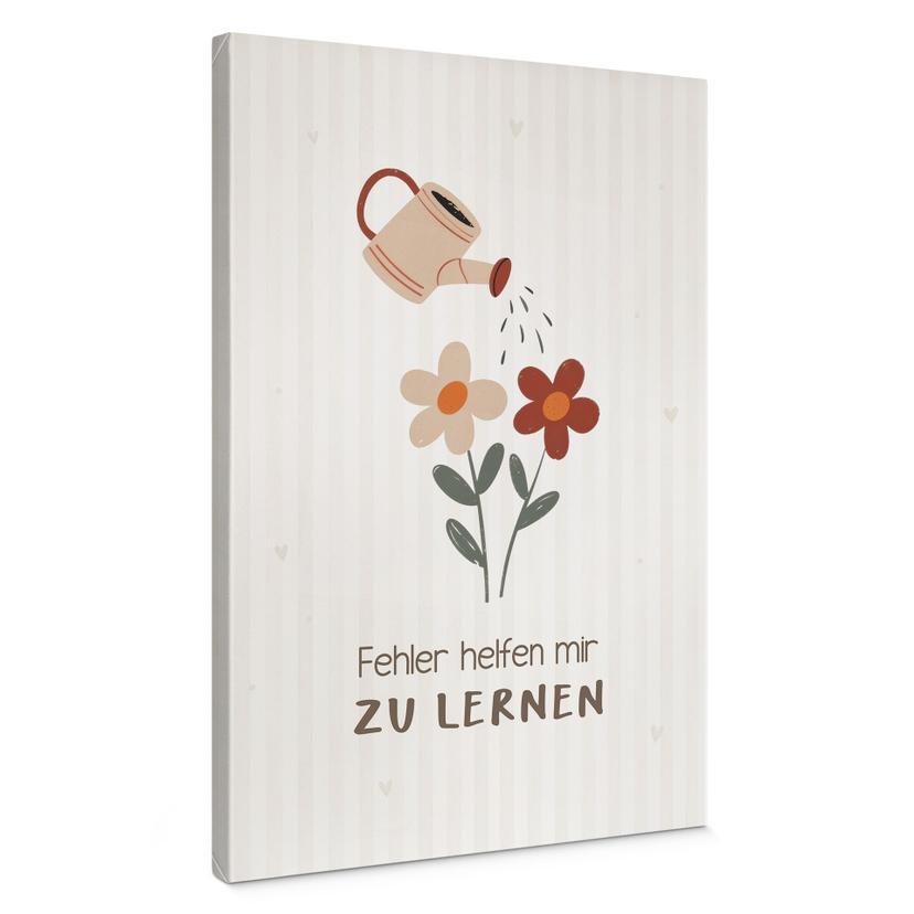 Leinwandbild mit Gießkanne und Blumen - Affirmation 'Fehler helfen mir zu lernen'