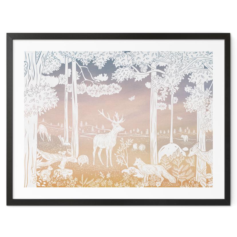 Póster Bosque tranquilo con ciervos y zorros - Ombre - Kikki Belle