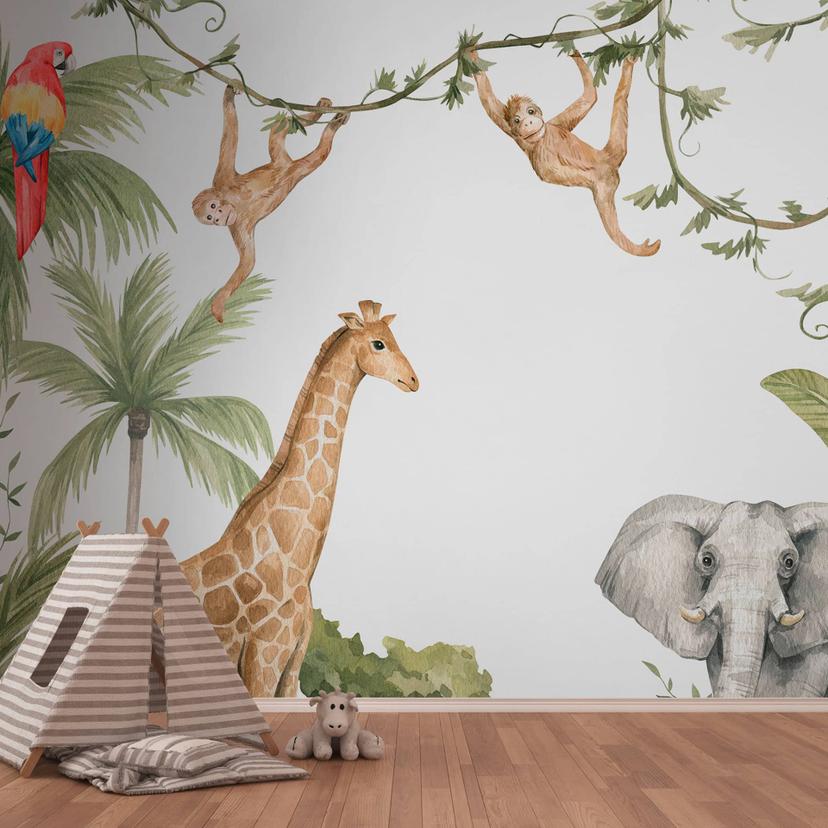 Jungledyr grøn hvid 3,75 x 2,50 m - Fototapet til børn tropisk non-woven