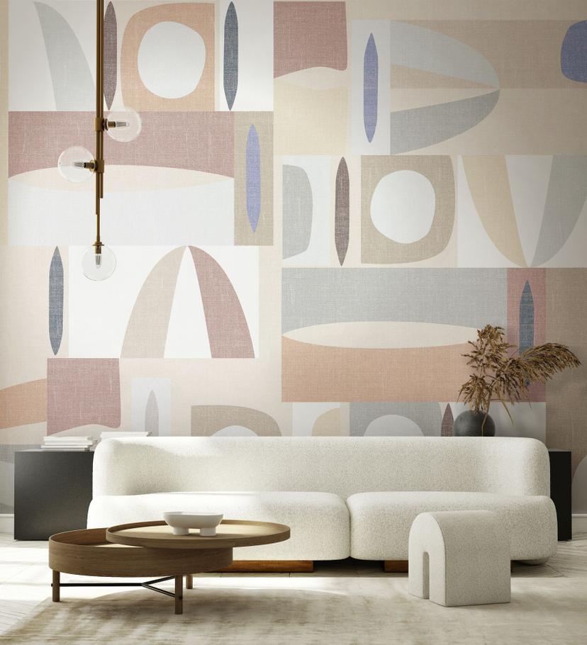 Fotomurale Formas abstractas en beige, rosa y azul en diseño retro 3,4 x 2,65 m